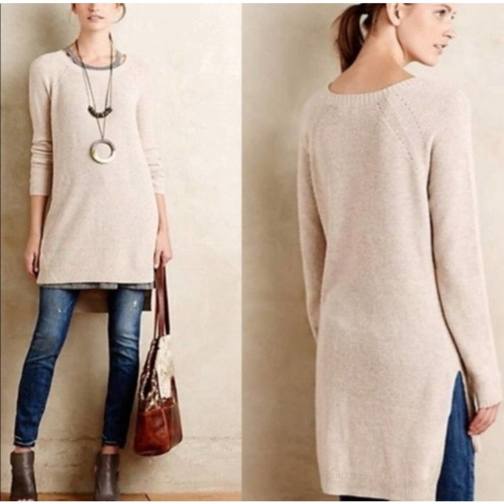 Anthropologie Moth Long Sleeve Sweater Tunic Cream Side Slits Cotton Blend SZ S